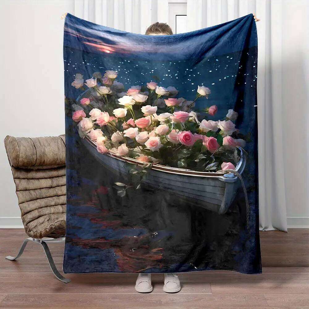 Serene Lake Flower Boat Print Fleece Throw Blanket Cozy All-Season, Soft & Warm for Home, Office Nap, Travel - Ideal Gift H260124-image-1093093855