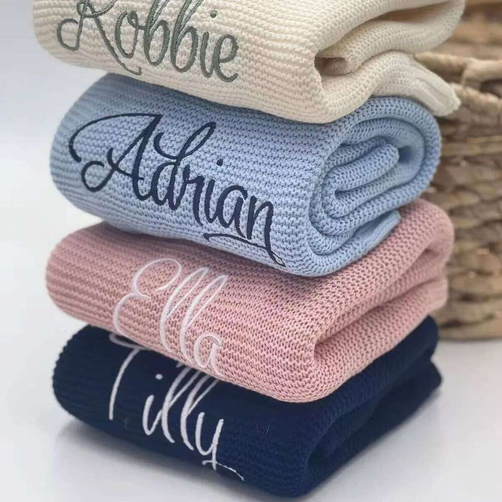 Personalized Kid Name Embroidered New Born Baby Stroller Swaddles Breathable Cotton Knitted Blanket Bedding H260124-image-1093094597