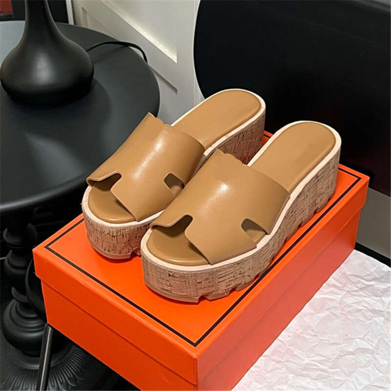 Pantoufles Femme Sandales Chaussures de Plage en Cuir véritable Grain de Bois Semelle épaisse H Love Home pour Femmes Pantoufles compensées d'ext