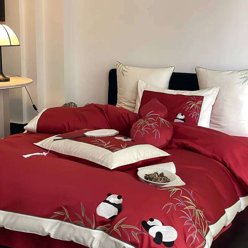 New Chinese embroidered panda 100S long-staple four-piece cotton quilt cover bed sheet bedding Y260124-image-1093055765