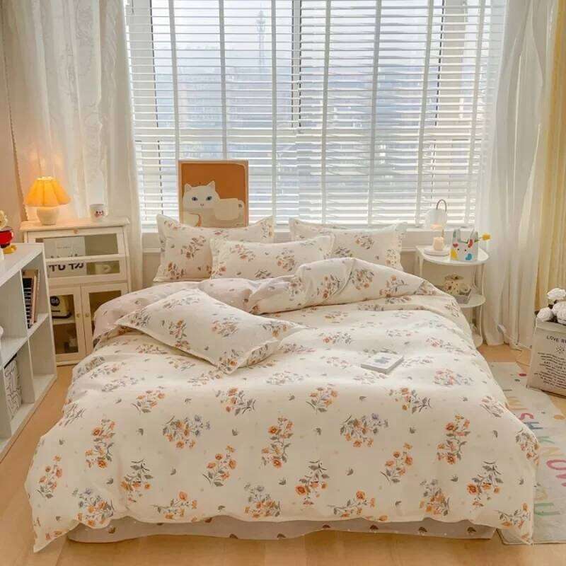 small fresh pure abraded four-piece set, skin-friendly bed sheet washed cotton quilt cover, dormitory three-piece set Y260124-image-1093059666