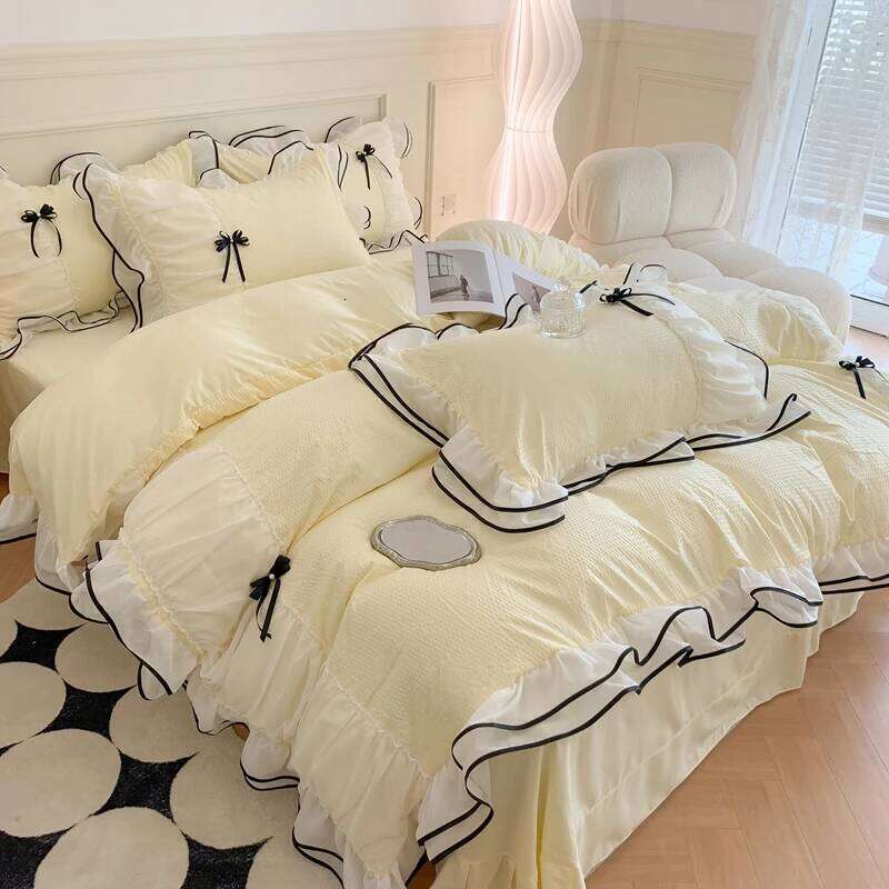 4pcs/set Korean Princess Girls Lace Ruffled Bow Bedding Set Duvet Double Bed Sheets Washed Cotton Twin Queen Quilt Cover Y260124-image-1093063330