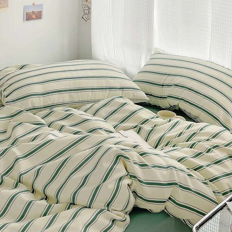 Linen Sheets Blogger Style Line Four-piece Set Girl Heart Fresh Green Bed Sheet Vertical Stripe Quilt Cover 1.5m1.8 Y260124-image-1093060853