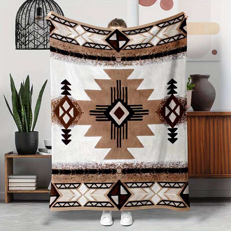 VIKAMA Southwest Geometric Throw Blanket Flannel Machine Washable Lint-Free Wabi-Sabi Style Living Room Bohemian Theme Decor H260124-image-1093093605