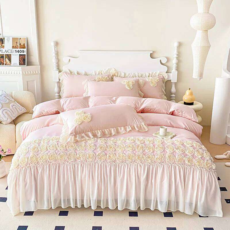 New French Three-dimensional plate Flower Embroidery Duvet Cover Princess Style Bed Four Piece Set Adult Bedroom Decoration Y260124-image-1093062662