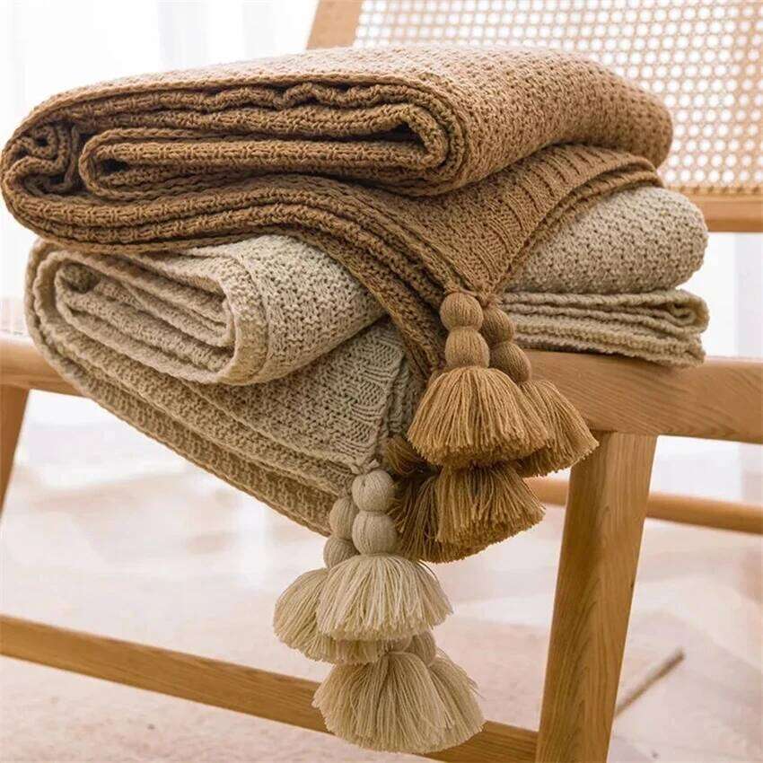 Nordic Blankets for Bed Sofa Couch Chunky Knit Bedspread Knitted Throw with Tassel Plain Color Waffle Embossed Blanket H260124-image-1093094297