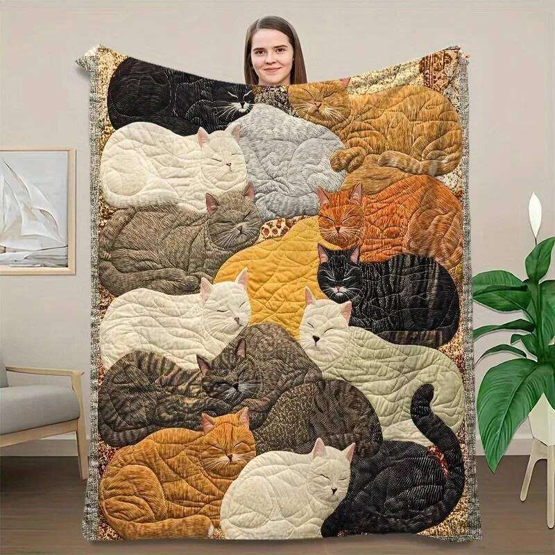 Creative Cat Print Flannel Warm Nap Throw Blanket Suitable for Sofa Bed Office Car Camping Travel Home Decor All Seasons H260124-image-1093093913