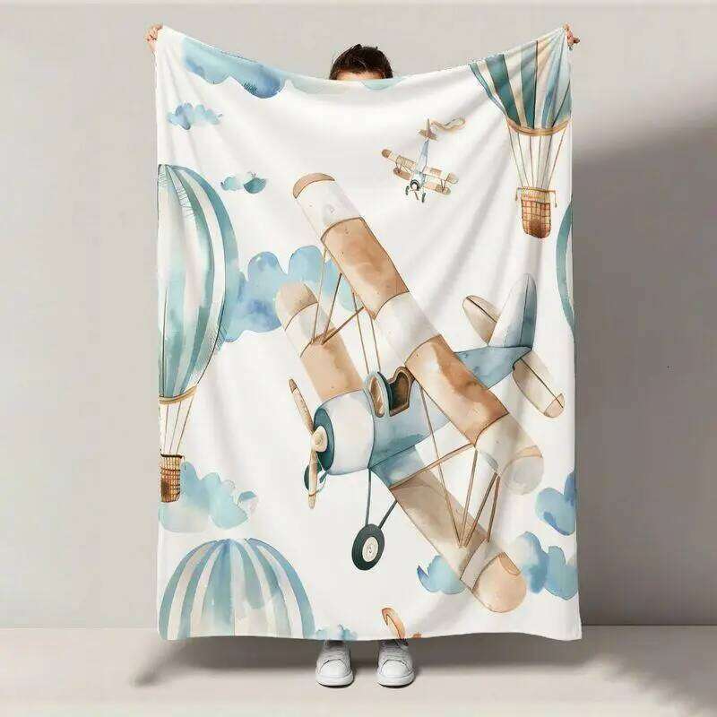 Extra Large Flannel Throw Blanket Vintage Airplane design in Beige, Brown, Blue, White, Turquoise - Ultra-Soft Heavyweight H260124-image-1093094125