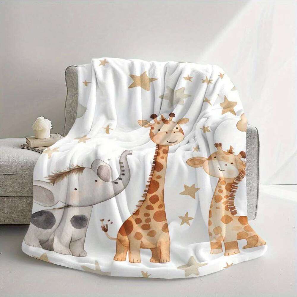 VIKAMA Cartoon Giraffe, Elephant Print Throw Blanket. Soft And Warm, Washable, Nap Blanket On Bedroom Or Living Room Sofa. H260124-image-1093093554
