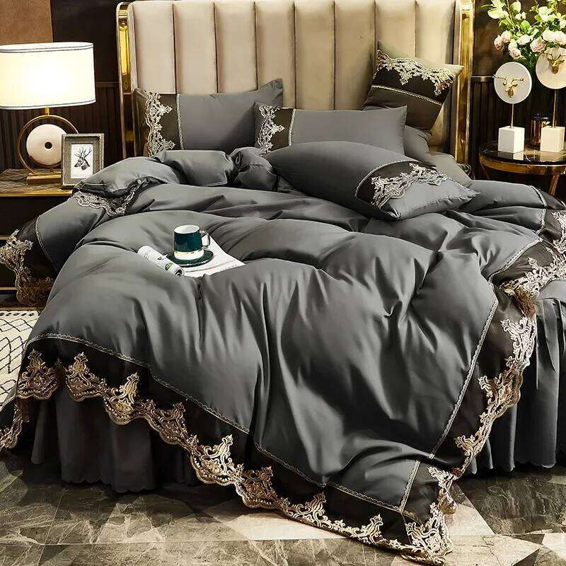 Skincare Polished Light Luxury European Style Embroidery Solid Color Lace Bed Skirt Four Piece Set Y260124-image-1093059129