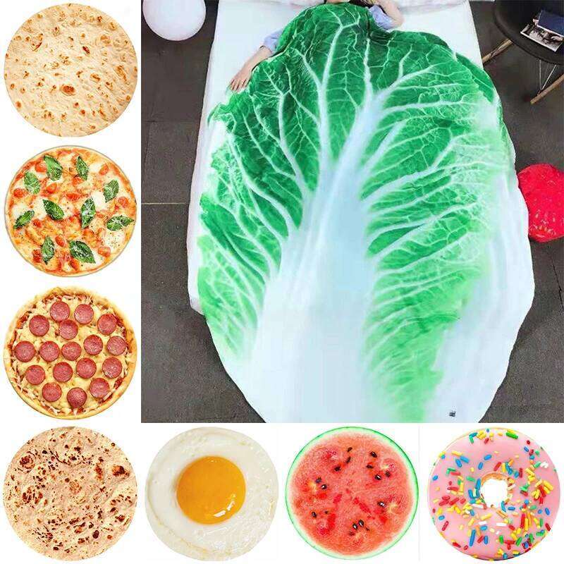 Fun Realistic Chinese Cabbage Tortilla Burrito Pizza Donut Fried Egg Watermelon Throw Blanket Giant Food Pattern Flannel H260124-image-1093094263