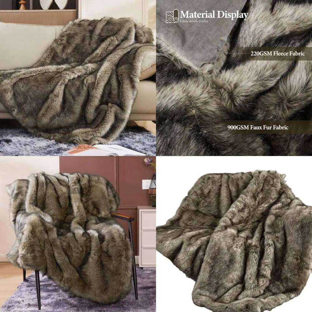 Thick 1000GSM Faux Fur Blanket, Cozy & Warm for Couch, Bed, Sofa, Reversible Mink Style 50x60, Grey H260124-image-1093093780