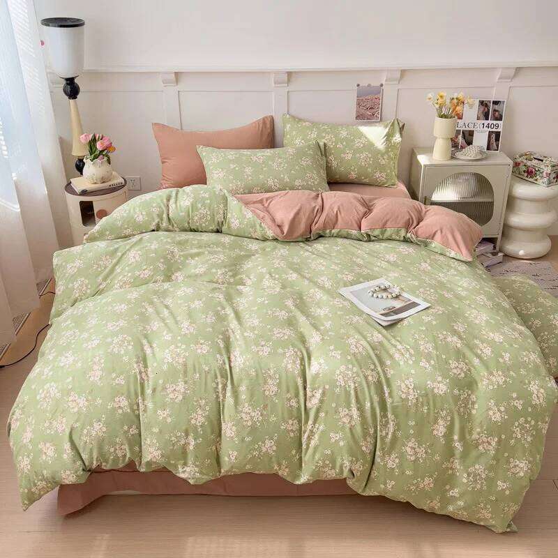 Green Floral Bedding Ins Girls Queen King Three or Four Pieces Duvet Cover with Zipper No Filler Pillowcases Bed Sheet Set Y260124-image-1093061156