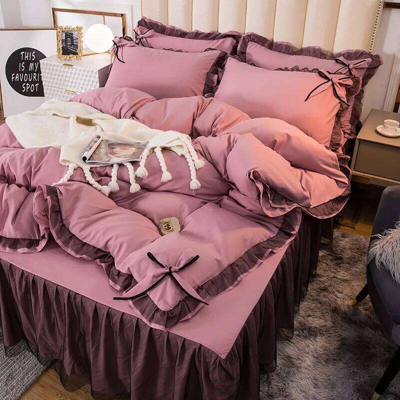 2024 new Korean version washed four-piece set solid color lace bed skirt bedding quilt cover kit Y260124-image-1093062489