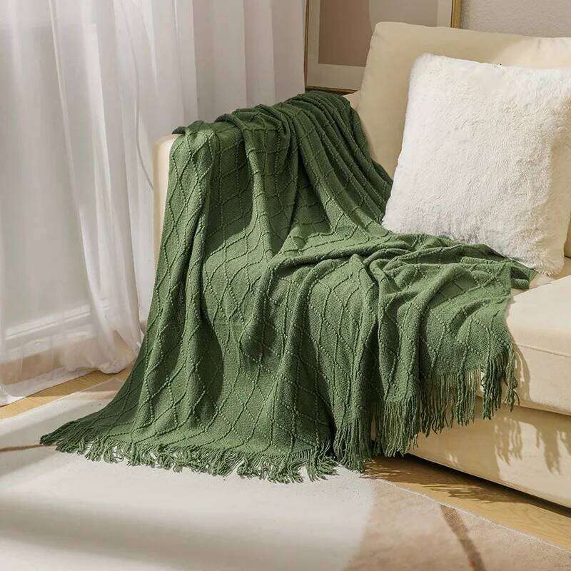 Green Knitted Throw for Beds with Tassel Gray Blue Solid Textured Plaid Sofa Cover Nordic Bed End Decor Soft Nap Blanket H260124-image-1093094376