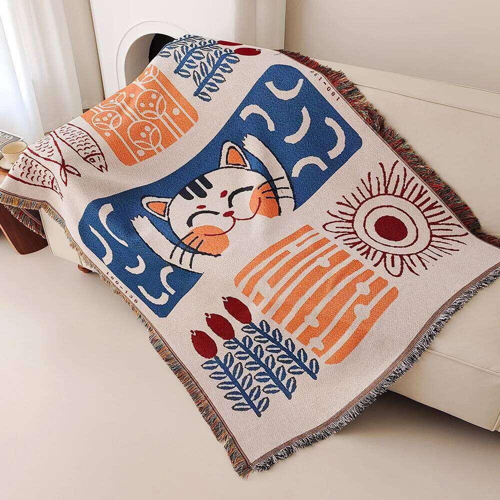 Lucky cat sofa fringed vintage woven tapestry throwing blanket, living dining room outdoor H260124-image-1093094091