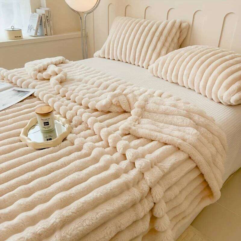 All-Season Gift, Luxurious Faux Rabbit Fur Throw Blanket, Flannel Fabric-Soft, Warm & Cozy for Couch, Bed, and Travel - Versatile H260124-image-1093093771