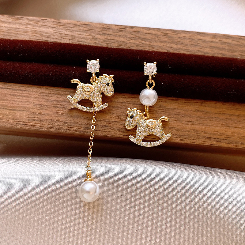 Real Gold Plated Zircon Asymmetric Pony Pearl Zodiac Year Daily Light Luxury High-end Earrings for Women-image-1093130137