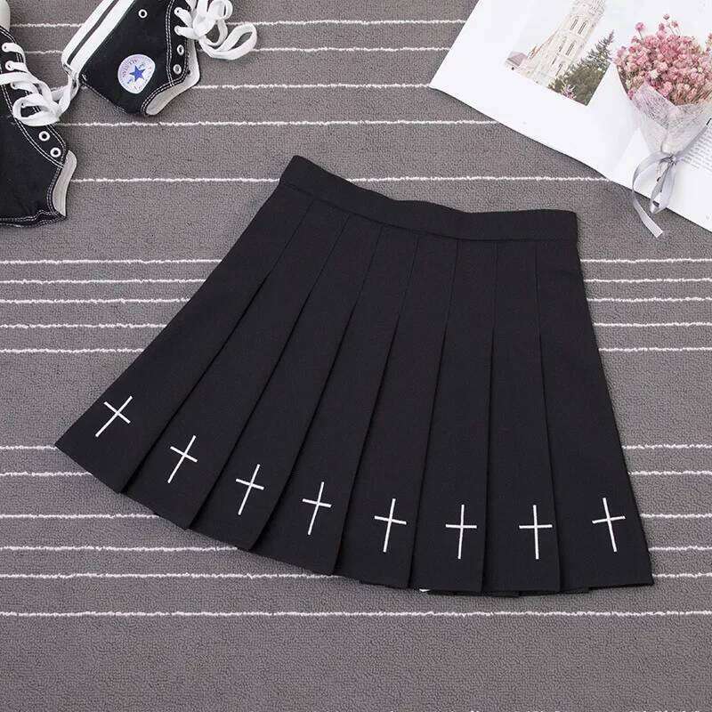 Women Harajuku Sweet Fresh Feeling High Elastic Waist Cross Embroidery Pleated Skirt C260126-image-1093224214