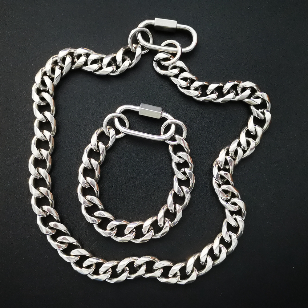 Large 15mm Stainless Steel Miami Cuban Chain Choker Necklace Bracelet Mens Jewelry Set for Husband Gifts 24inch + 8.66inch
