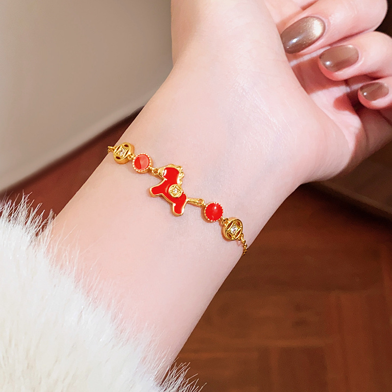 Real Gold Plated Zircon Oil Drop Pony Zodiac Year Daily Versatile Bracelet Light Luxury High-End Feel Jewelry-image-1093260663
