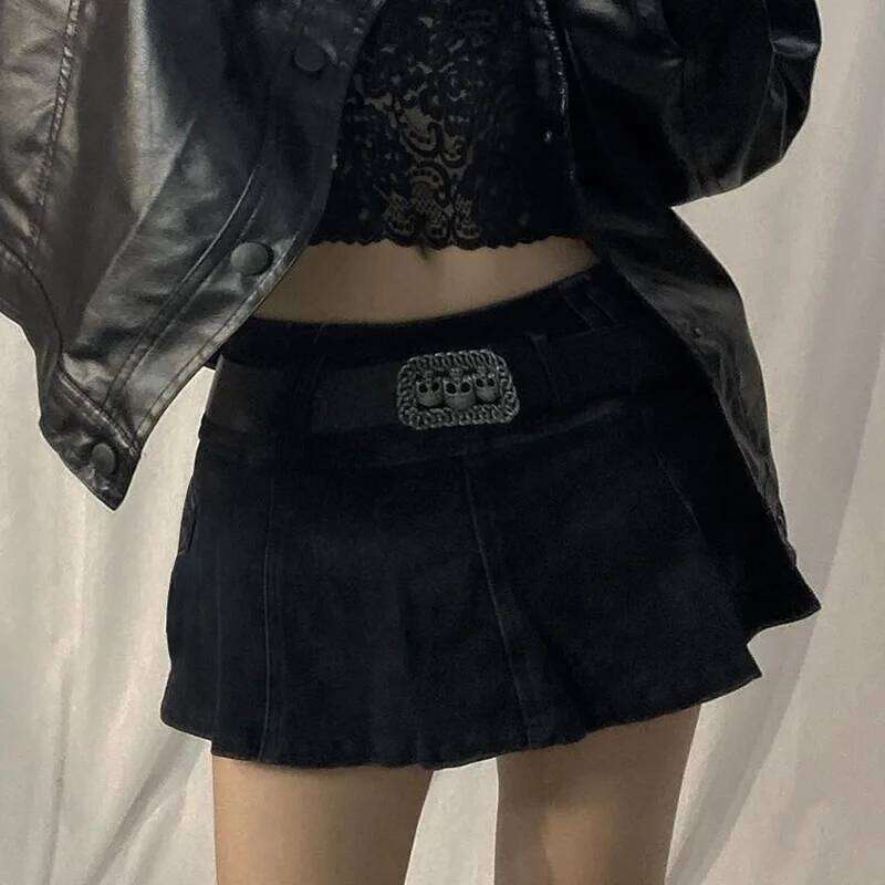 Vintage Denim Women's Mini skirts Low Rise Black Pocket A-Line Cute Sexy Skirt Harajuku Have Leggings saia jeans C260126-image-1093224387