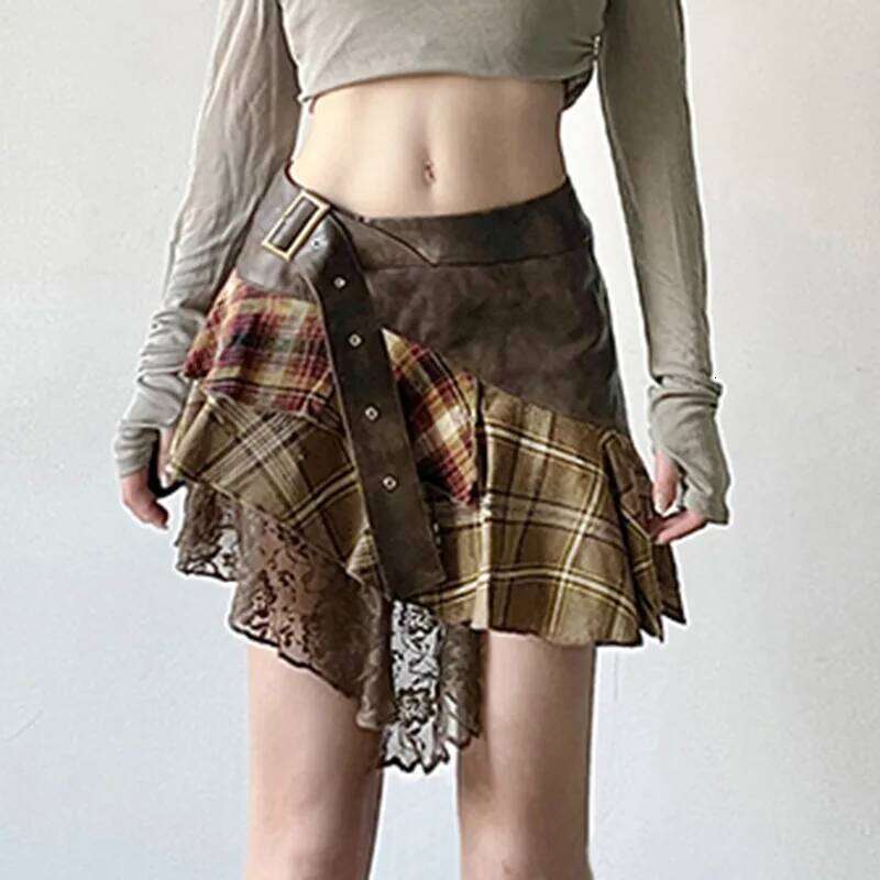 Irregular Design, Pattern Splicing, Lace Personality Skirt, Hot Girls Wears A Pleated Skirt C260205-image-1094351712