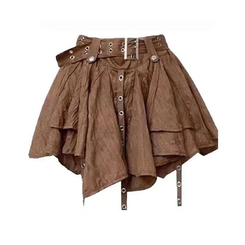 High Street Brand Brown Gothic Harajuku Fashion Retro Striped Casual Loose Streetwear Pleated Short Skirt Women C260126-image-1093223866