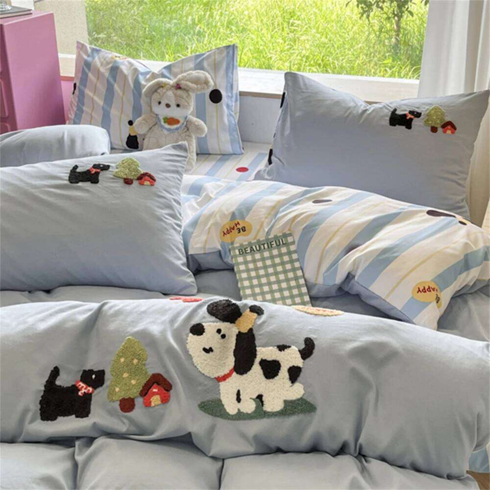 Cute Cartoon Towel Embroidery Bedding Duvet Pillowcase Washed Cotton Four-Piece Set Comfortable Quilt Cover Bed Sheet Y260124-image-1093148335