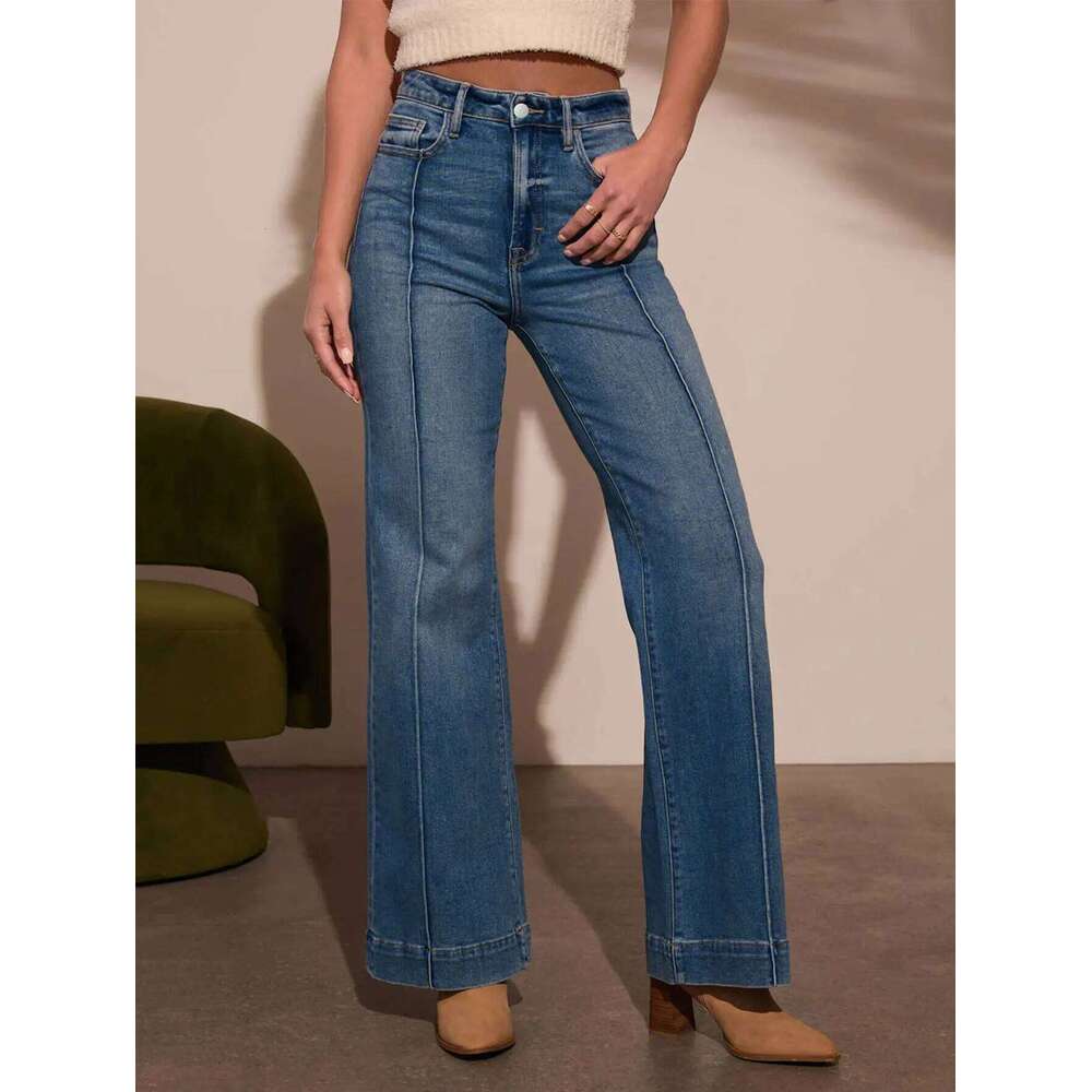 Autumn new women's dark blue high waist straight slim fit wide leg version stretch denim fabric elegant intellectual jeans C260126