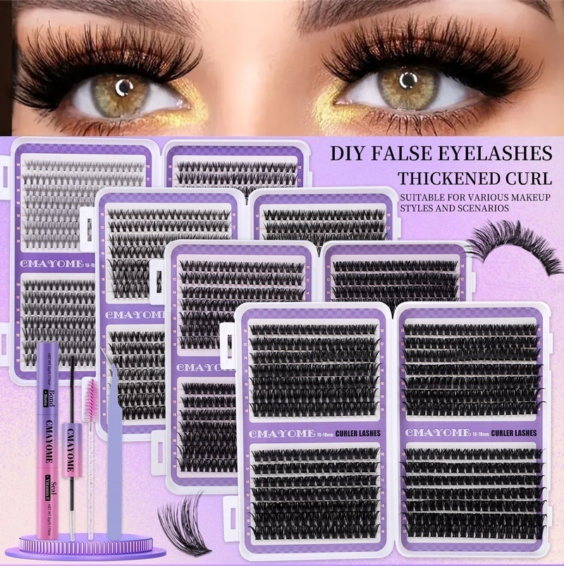Thick Fluffy DIY Individual Eyelashes Soft Lightweight DIY Cluster Lashes Kit with Lash Adhesive Handmade Reusable D Curled Cluster Segmented Eye-image-1093123090