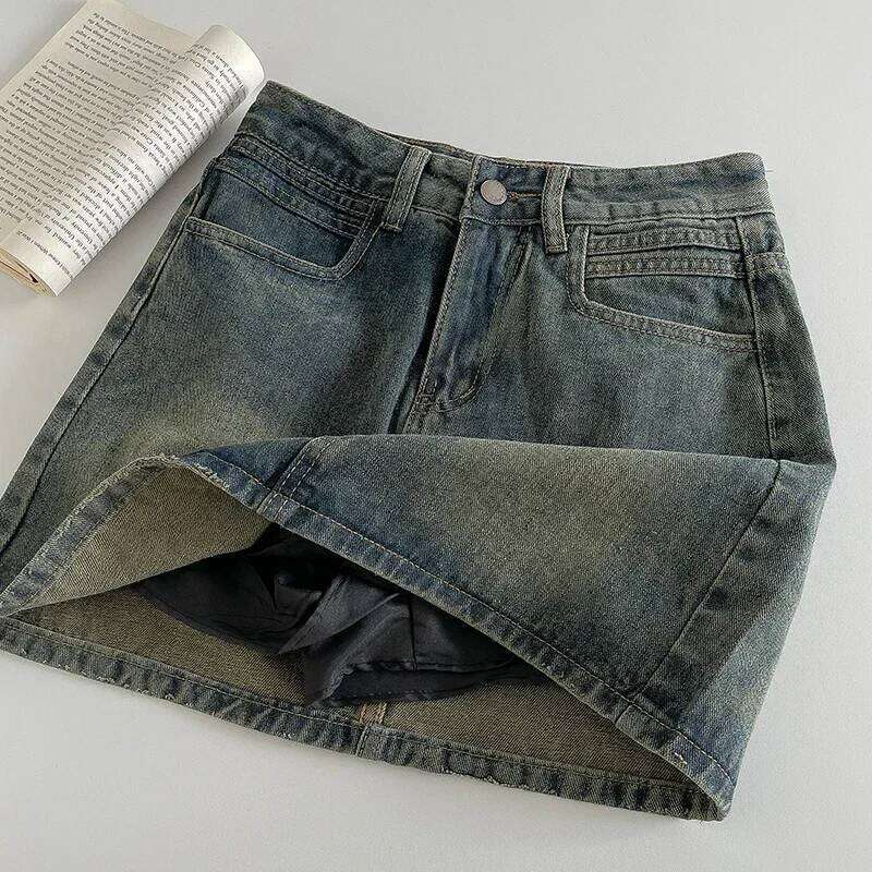 Retro Dark Denim Skirt 2025 A Word Spring Women High Belt Anti-exposure Short Dress New C260126-image-1093223506