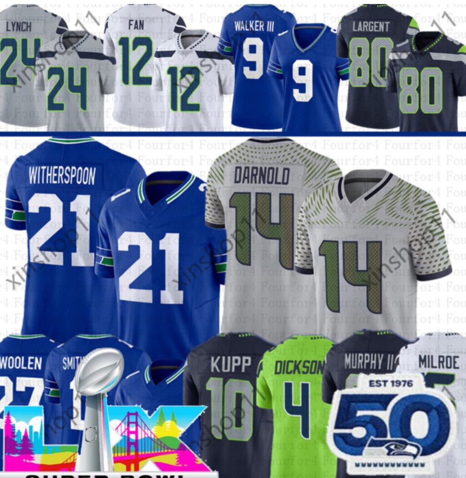 High Quality Football Jersey Cooper Kupp Sam Darnold Jaxon SmithNjigba Fan Kupp Emmanwori Witherspoon Shaheed 2025 Super Bowl Men Women Youth Custom