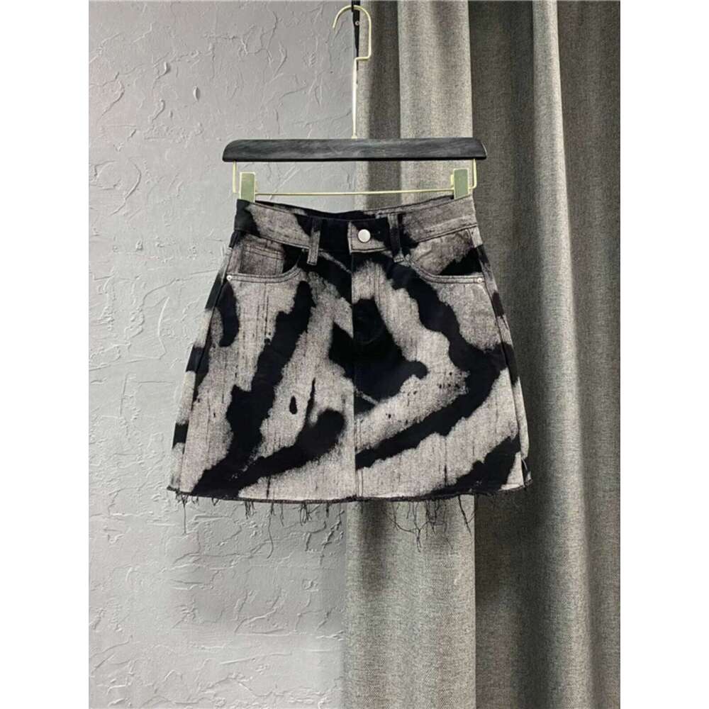 Black Gray Tie Dye Short High Waist Personalized Pattern Denim Fringed A-line Fashion Versatile Skirt C260126-image-1093224026