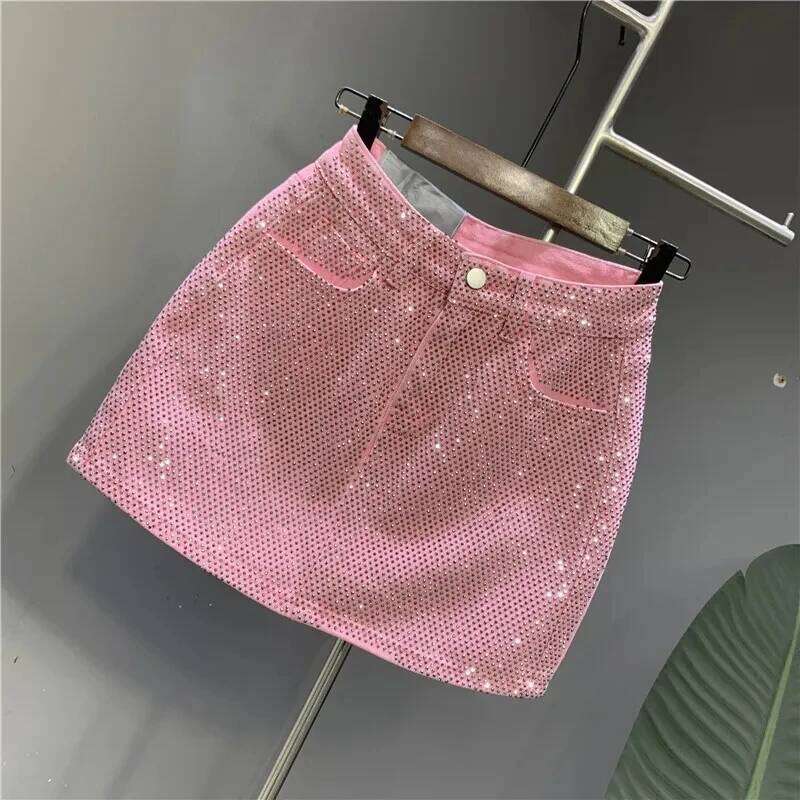 Heavy Industry Hot Drilling Denim 2024 Spring And Summer New High Waist Pink Sexy A-Word Skirt C260126-image-1093224181