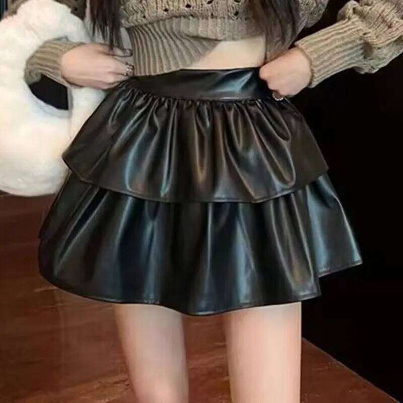 2023 Spring Summer White Black Leather Women Mini Female High Waist Pleated A-line Short Skirt Teenage Girl Skirts C260205-image-1094351746