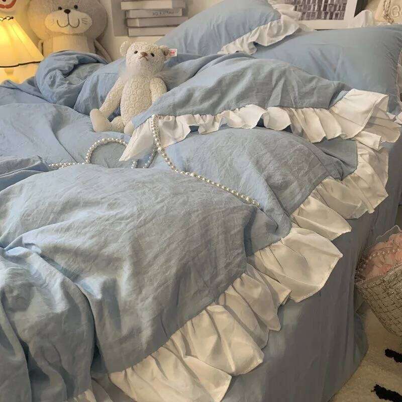 Y1 HomeBlue Four-piece Celebrity Princess Ruffled Quilt Cover Bed Skirt Style Solid Color Three-piece Bedding Set Y260124-image-1093145371
