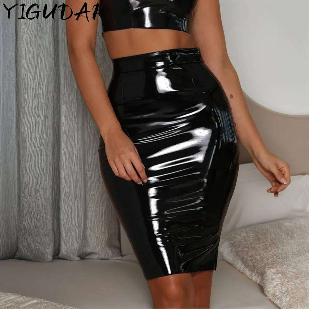 2025 Women's skirts Faux Latex Pencil Skirts Above Knee Short Bodycon Office Lady Sexy clothes for women plaid midi skirt C260126-image-1093224351