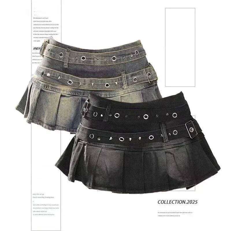 Women's Blue Black Riveted Belt Denim Y2K Harajuku High Street Fashion 90s Sexy A-line Mini Skirt Summer Clothing 2025 New C260126-image-1093224021