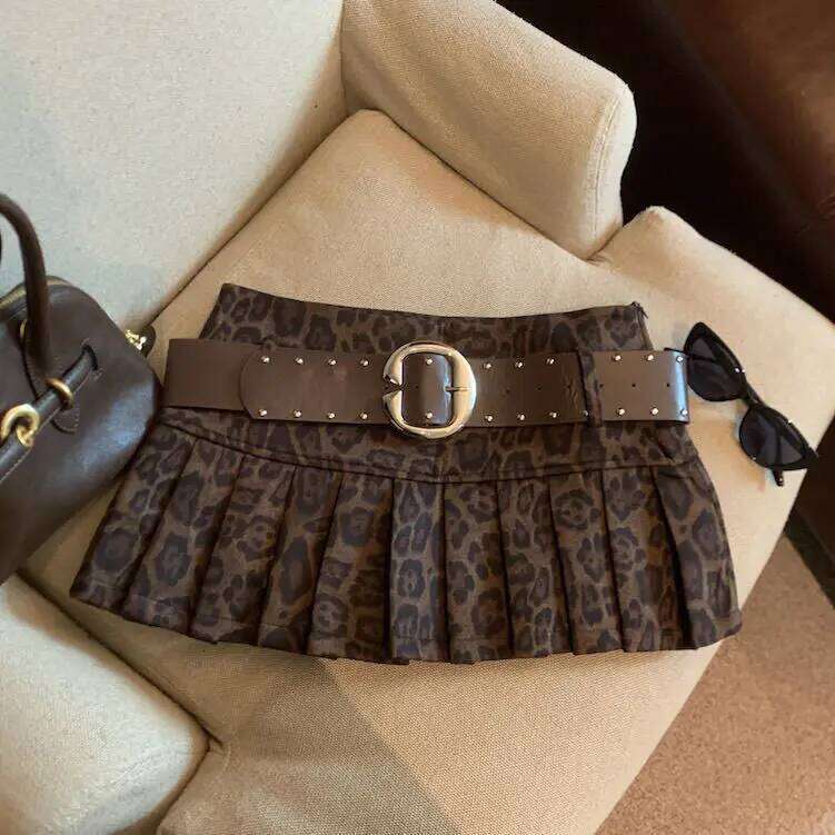 Sexy Leopard Print High Waist Anti-light Pleated Y2k Spice Girl Short Skirt with Belt C260205-image-1094351705