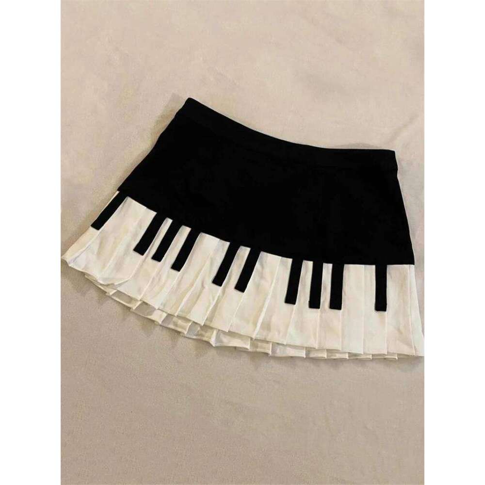 Spring Black White Spliced Women Short 2025 Y2k Slim Design Harajuku Mini Female Empire Korea Style Chic Piano Skirt C260126-image-1093224516
