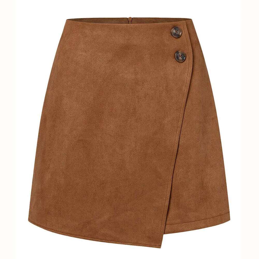 New Arrival 2025 Women's Autumn Winter Suede Irregular Skirt Solid Color High Waist Zipper Button Short Skirts For Woman C260126-image-1093224205