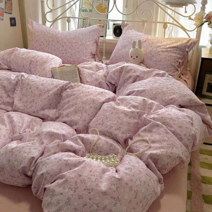 Small flower bow four soft and skin friendly cotton linen double bed duvet set, dormitory three piece set Y260124-image-1093146829