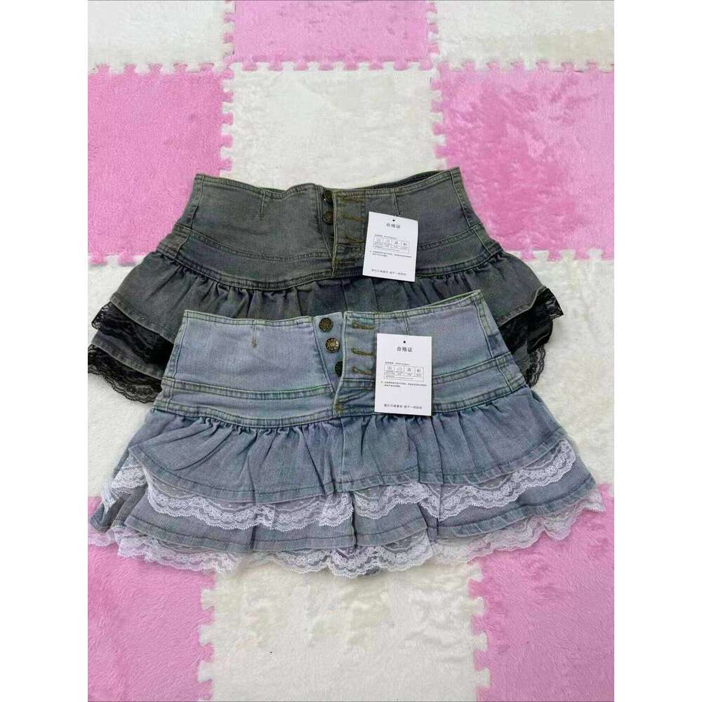Vintage Denim Pleated Woman LaceDesign A-line Y2k Mini Skirt Streetwear American Spicy Girls Korea Fashion Hotsweet C260126-image-1093224411