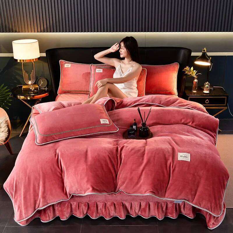 New solid color milk fleece set, winter thickened warm student dormitory bed sheet four-piece set Y260124-image-1093145243