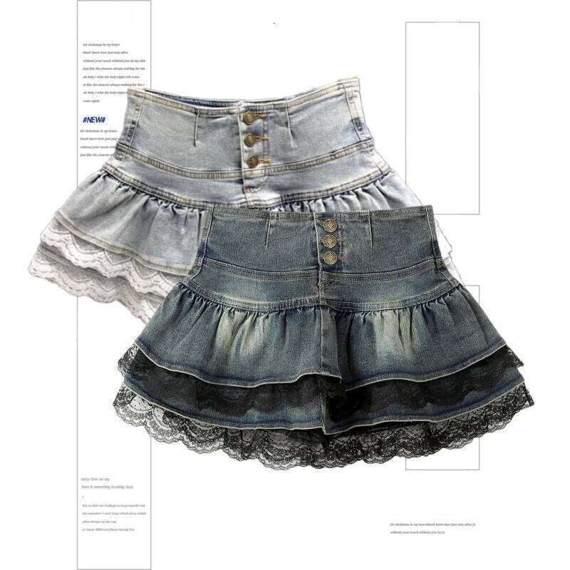 Woman Vintage Denim Pleated Lace Fold Design A-line Short Skirt Built in Shorts American Spicy Girls Korea Fashion Hotsweet C260205-image-1094351752