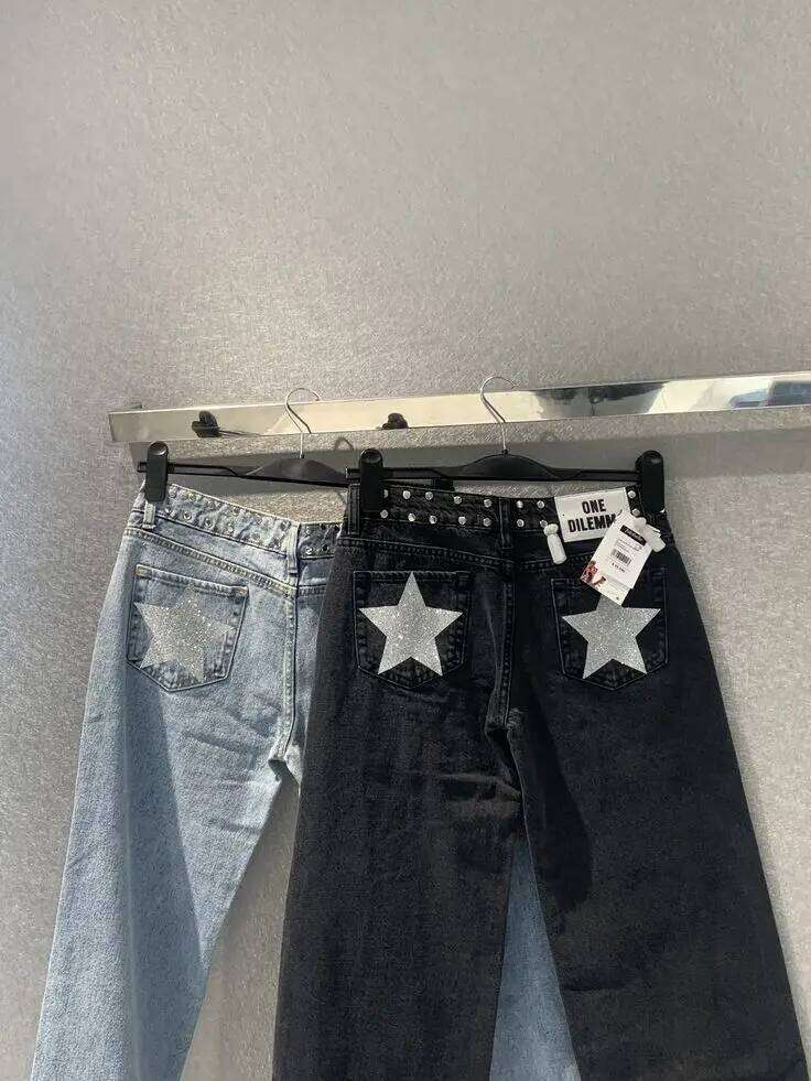 ONE DILEMMA Retro Womens High Waist Black Studded Jeans Silver Sparkle Star Back Pockets Rivet Straight Leg Denim Pants Fashion C260126