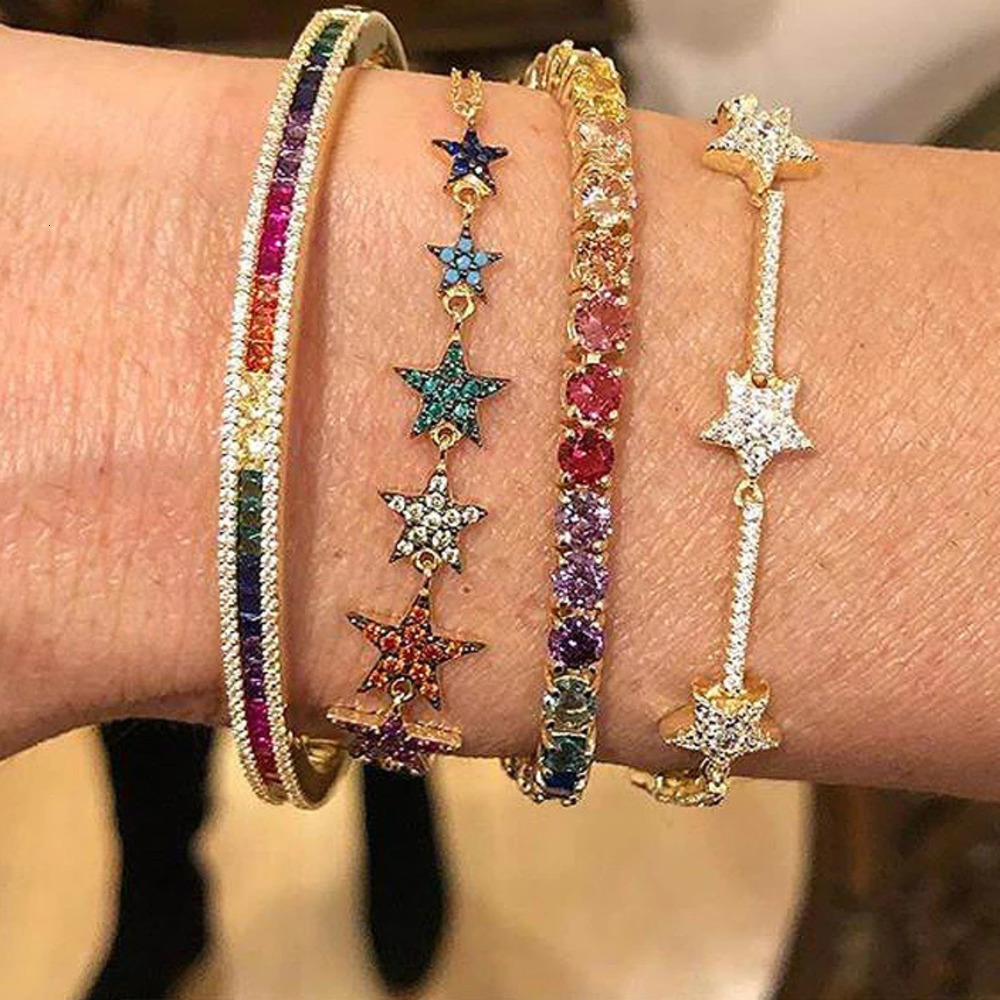 Bracelets de charme Chaîne Glacé StarsTennis Chaîne Bracelet Pour Femmes Arc-En-Star Charme Bracelet Brillant Cristal CZ Élégant Fantaisie Bijoux