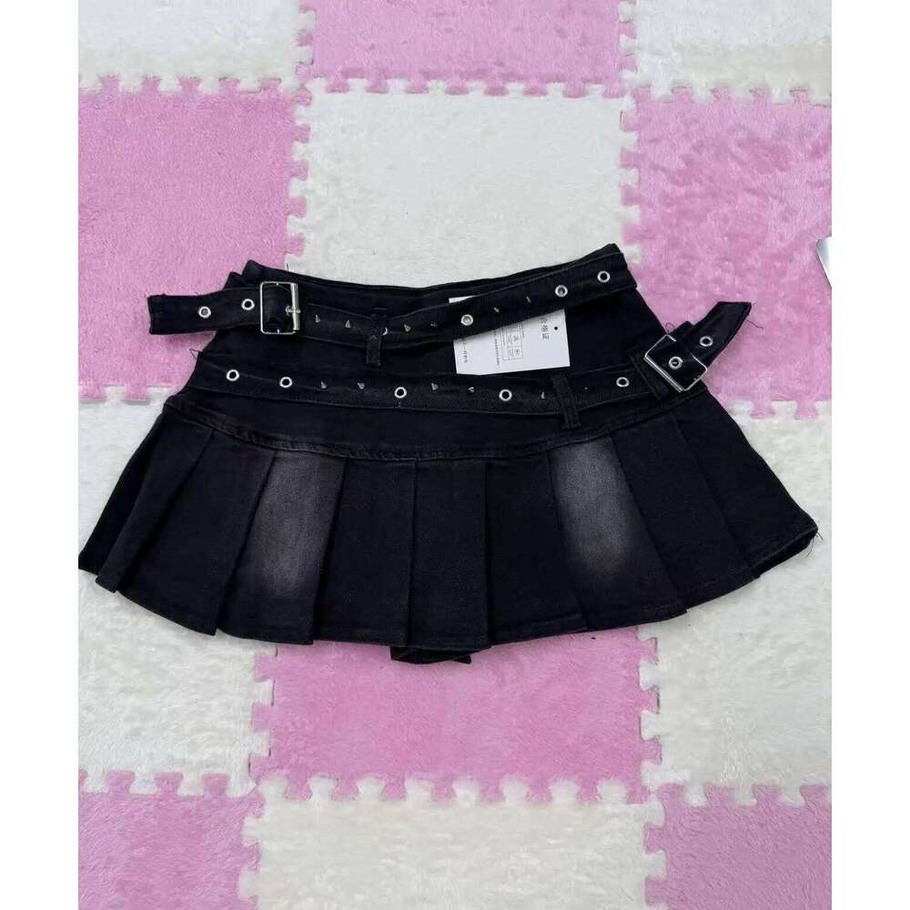 90s Sexy A-line Mini Women's Blue Black Riveted Belt Denim Skirt Y2K Harajuku High Street Fashion Clothing 2025 New C260126-image-1093223909