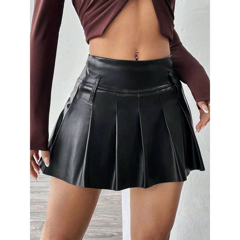 A casual and elegant faux leather black skirt, daily commuting skirt 296 C260205-image-1094351644